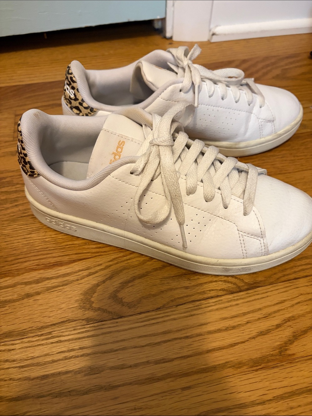 adidas White Leather Sneakers with Leopard Heel Accent